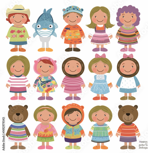 Whimsical Group of Illustrations: A charming collection of hand-drawn illustrations. Featuring a whimsical cast of characters. Including a variety of outfits and personalities.