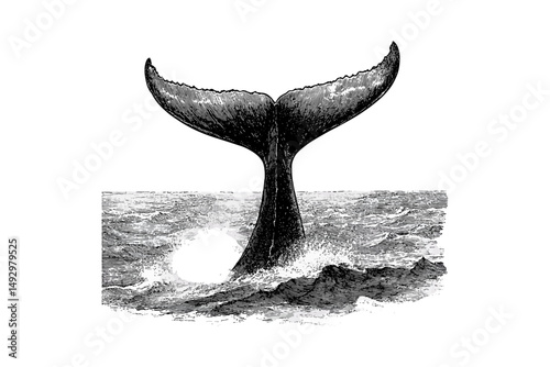 Whale tail engraving vintage style, monochrome marine mammal illustration, hand-drawn ocean fauna etching, nautical wildlife print, black sketch, nature art, ocean creature vintage art