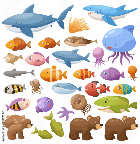 Aquatic Friends Collection: A vibrant ensemble of marine life, including sharks, fish, and jellyfish, along with land bear, illustration with playful charm, ready to bring life to any project.