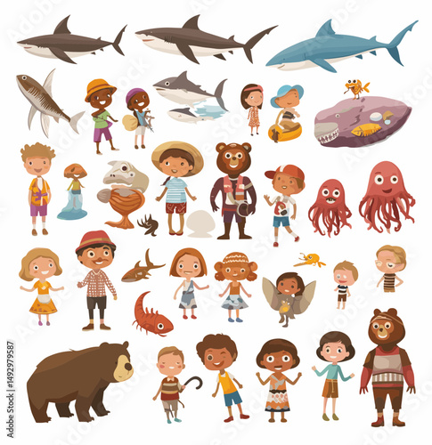 Oceanic Friends & Land Explorers: Vibrant illustration of aquatic creatures and land-based explorers sharing a playful, colorful composition. Perfect for educational content and whimsical projects.