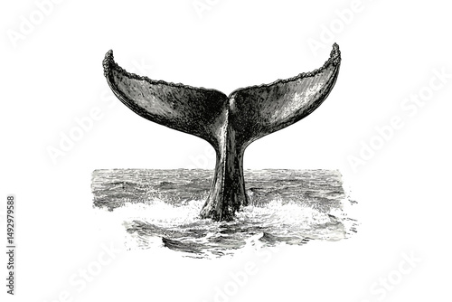 Whale Tail Surfacing Engraving, Vintage Wildlife Illustration, Monochrome Marine Mammal Etching, Nautical Animal Line Art, Ocean Life Sketch, Old Style Sea Creature Print