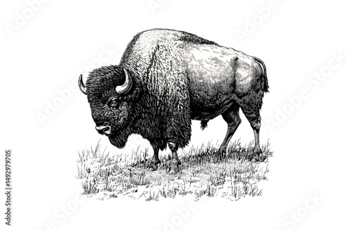 Hand-drawn Wild Bison Grazing, Monochrome Engraving, Rustic Nature Illustration, Vintage Animal Art, Retro Wildlife Sketch, Old Farm Engraving Style, Classic Outdoor Decor