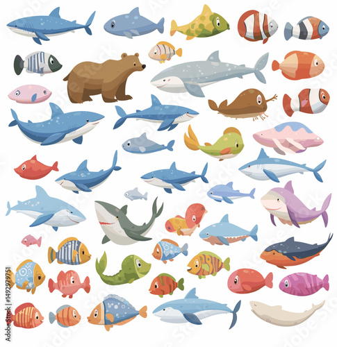 Marine Life: Colorful array of diverse fish and aquatic animals swimming peacefully, a vibrant underwater ecosystem showcase a variety of sea creatures in a photorealistic illustration.
