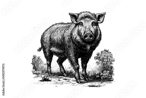 Detailed Wild Boar Line Art, Vintage Animal Etching, Rustic Forest Print, Monochrome Mammal Sketch, Wildlife Lover Gift, Old Engraving Style, Nature Wall Art, Classic Wildlife Drawing