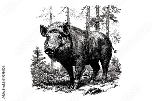 Wild Boar Forest Engraving, Vintage Mammal Illustration, Rustic Nature Sketch, Black and White Wildlife Etching, Classic Animal Art, Old Style Line Drawing, Hunting Lodge Decor