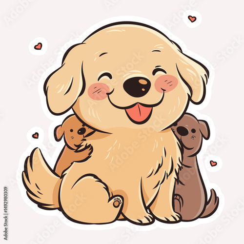 Golden Retriever Family: A heartwarming illustration of a golden retriever mother cuddling her two puppies, radiating warmth, love, and family affection.
