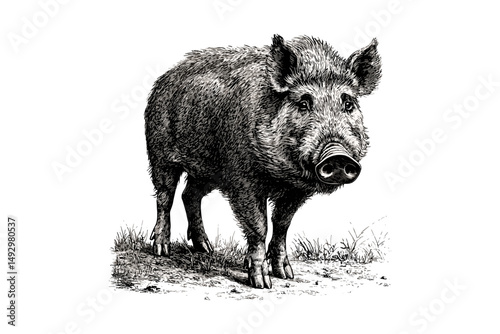 Antique Wild Boar Sketch, Vintage Forest Mammal Engraving, Hand-drawn Wildlife Illustration, Monochrome Etching in Retro Nature Style, rustic woodland art, detailed drawing