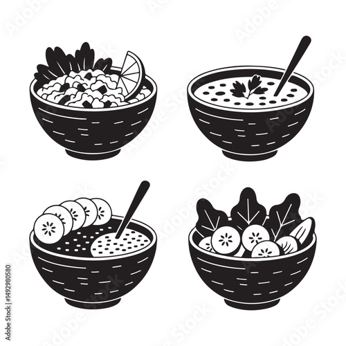 Four Bowls of Healthy Food Clipart in Black and White, Variety of Nutritious Meals