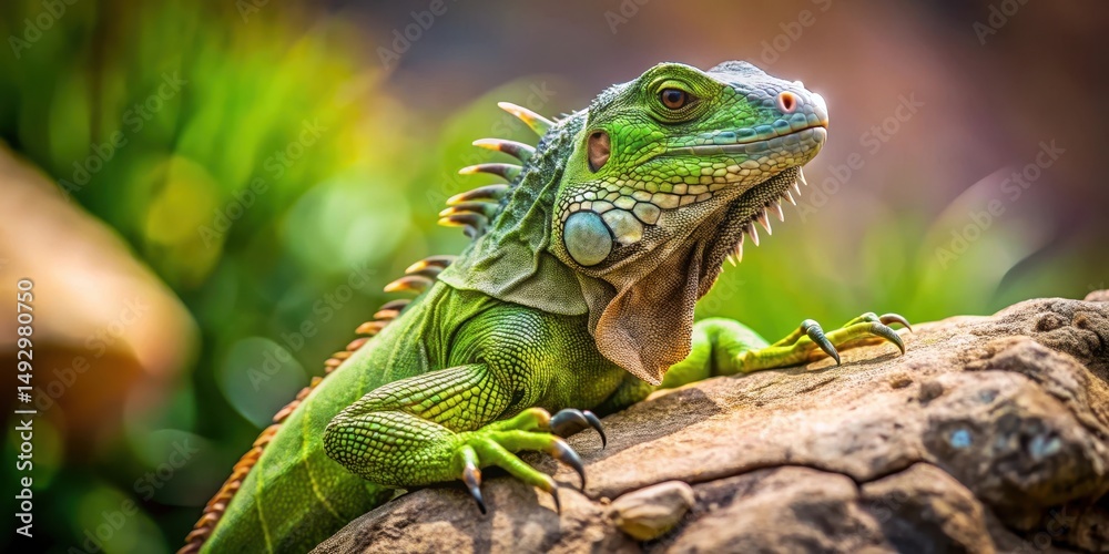 Obraz premium Green iguana perched on a large granite rock in the desert, with its claws gripping tightly , animals