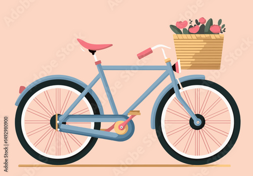 Vintage Bicycle with Floral Basket: A charming vintage bicycle with a wicker basket overflowing with vibrant flowers against a pastel background, embodying a sense of leisure and springtime.