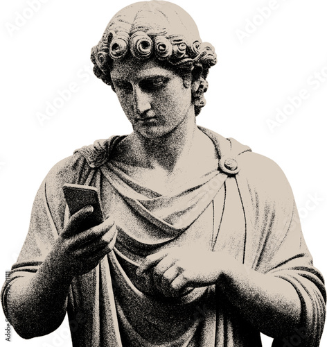 illustration Ancient Greek Statue Using a Smartphone – Modern Technology Meets Classical Art with engraved style