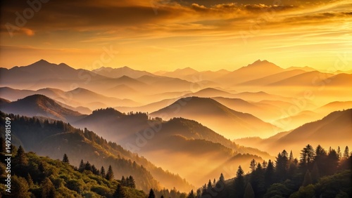 A serene mountain range at dawn with a soft golden smoky sky transitioning into warm muted earth tones , nature, valley