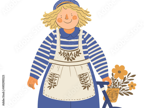 Charming Gardener with a Blooming Basket: A cheerful figure, adorned in a floral apron, carries a basket brimming with vibrant blooms and a walking aid, ready to bring beauty to the world.