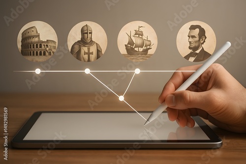 Wallpaper Mural A stylus draws a historical timeline on a tablet, linking icons of ancient Rome, a medieval knight, an explorer’s ship, and Abraham Lincoln. Concept of chronological learning and heritage exploration. Torontodigital.ca