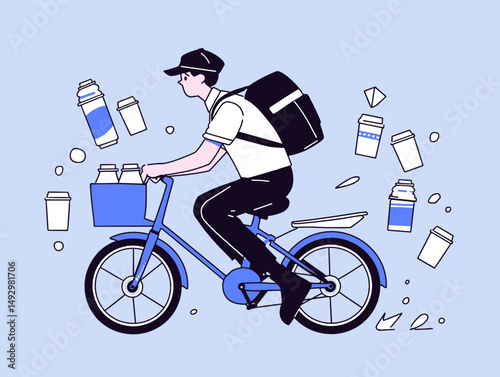 Swift Delivery Rider: A dynamic illustration of a food delivery rider, navigating the streets on a bicycle, his backpack and carrying containers of drinks, symbolizing speed and efficient service.