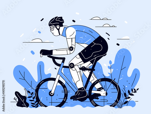 Cyclist in Motion: Dynamic illustration capturing a cyclist in full stride against a backdrop of abstract nature, highlighting speed and the spirit of competition.
