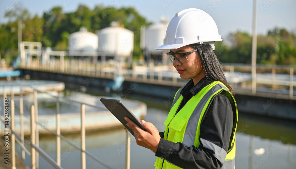 Environmental Engineer at Work: A focused engineer, clad in a safety vest and hard hat, meticulously reviews data on a tablet at a water treatment facility. Environmental Engineer at Work: A focused engineer, clad in a safety vest and hard hat, meticulously reviews data on a tablet at a water treatment facility.