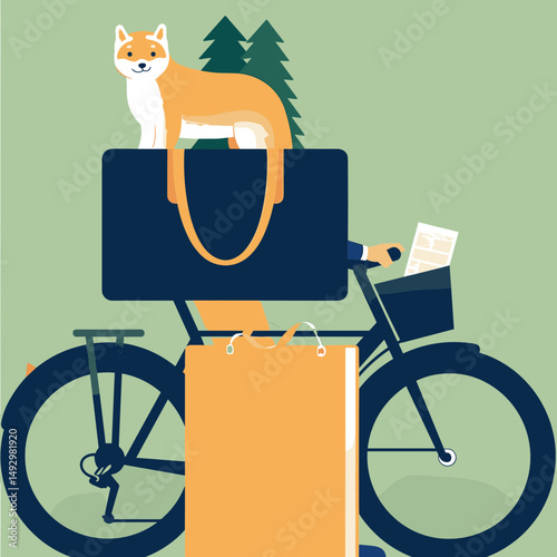 Whimsical Ride: A charming fox perches atop a stylish tote bag carried by a bicycle, evoking a sense of adventure and effortless cool.
