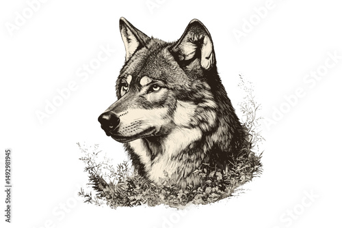 Old Engraving Style Wolf, Monochrome Forest Fauna Illustration, Vintage Wildlife Print, Rustic Nature Etching, Detailed Wild Animal Line Art, Wilderness Wall Art