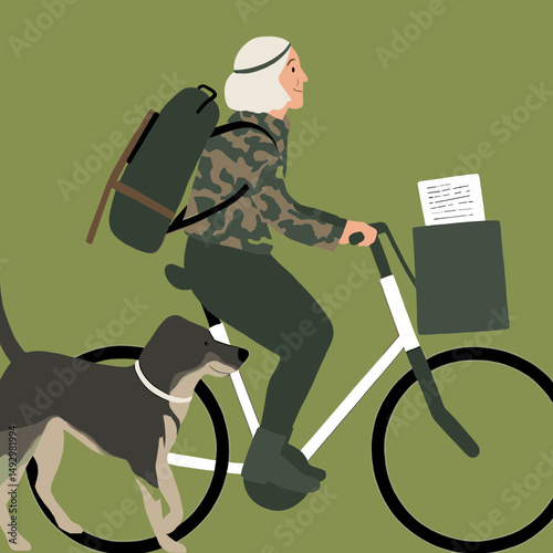 Cycling with Companion: An elderly person cycles through a scenic view accompanied by a dog. The setting is peaceful and serene, suggesting a life of simplicity, connection.