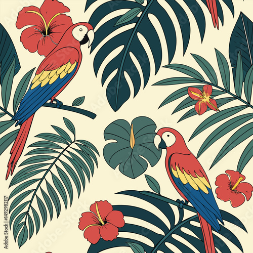 seamless pattern with birds and flowers