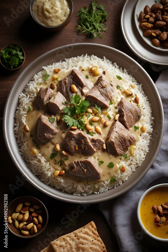 Jordanian Mansaf – succulent lamb in creamy jameed yogurt sauce over fragrant rice and flatbread, topped with toasted nuts and herbs. Middle Eastern cuisine authentic food