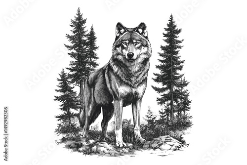 Wolf Engraving in Vintage Style, Detailed Wild Animal Line Art, Monochrome Forest Fauna Illustration, Rustic Nature Etching, Wildlife Wall Decor, Nature Inspired Art, forest animal print