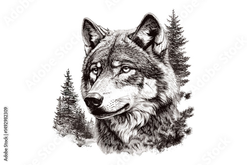 Vintage Wildlife Print Black Sketch, Engraving of Wolf Staring in Distance, Rustic Nature Etching, Detailed Wild Animal Line Art, Monochrome Forest Fauna Illustration, wilderness art