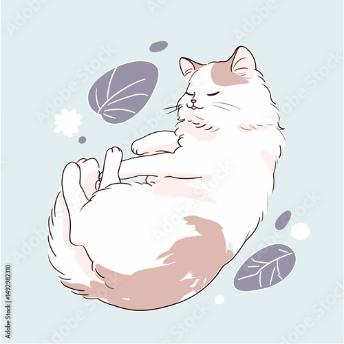 Dreamy Cat's Nap: A serene feline, wrapped in peaceful slumber, embodies pure tranquility. Whimsical shapes, soft colors and the cat's gentle pose evoke a sense of serenity.