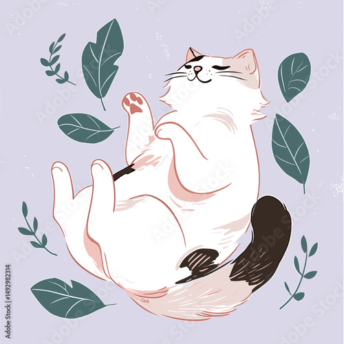 Playful Feline Serenity: A charming illustrated cat basks in tranquility amidst delicate leaves, a serene expression gracing its face, a testament to peace and relaxation.