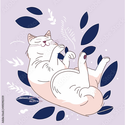 Playful feline: An adorable cat in a whimsical illustration lounges contentedly, bathed in a light purple palette with leafy motifs, embodying pure feline bliss and relaxation.