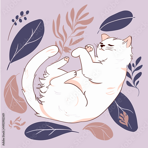 Playful Cat with Botanical Surroundings: A cute, fluffy cat is playfully surrounded by botanical elements of leaves and branches.