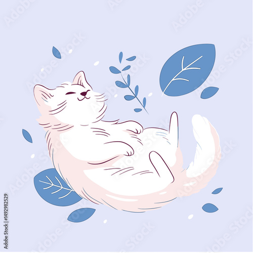 Whimsical Cat Nap: A dreamy cartoon depicts a contented cat basking in serenity, surrounded by delicate leaves, in a light and airy design.