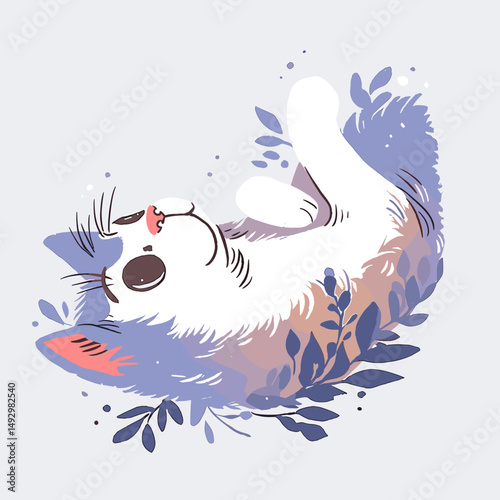 Whimsical Cat's Dream: A charming illustration of a cat in a playful pose. The cat is surrounded by stylized plant elements, giving the scene a whimsical and imaginative atmosphere.