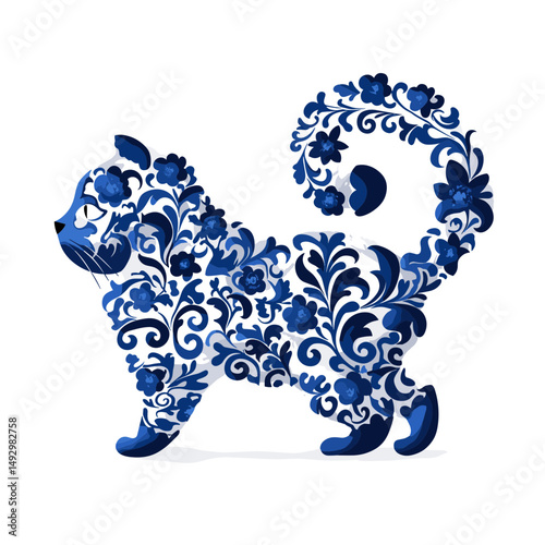 Artistic Floral Feline Illustration: An elegant illustration depicts a stylized cat crafted entirely from a vibrant blue and white floral design, showcasing intricate details.