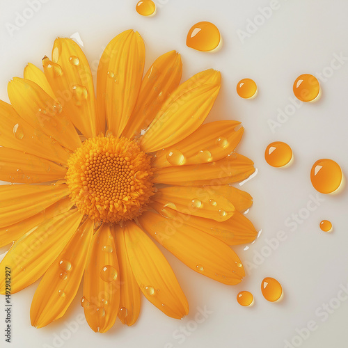 calendula flower paired with a liquid substance, likely calendula extract or oil.  Branding for skincare or beauty products.