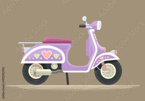 Lavender Scooter Illustration: A charming illustration of a vintage lavender scooter adorned with pastel hearts, perfect for representing romance, travel, or a carefree lifestyle.