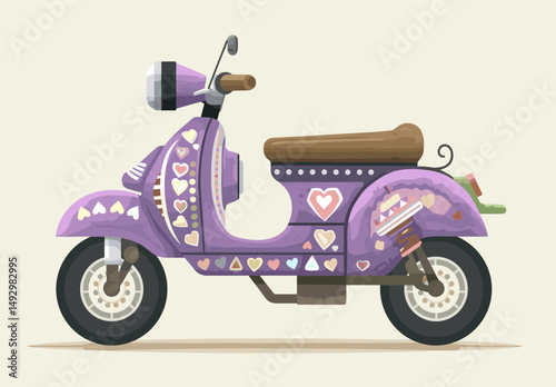 Vintage Scooter: A charming illustration of a vintage scooter adorned with hearts and decorations, exuding a sense of whimsy and retro flair.