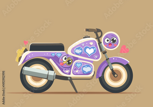 Playful Motorcycle Illustration: A charming cartoon motorcycle, complete with endearing eyes and vibrant decorations, exudes a sense of whimsy.
