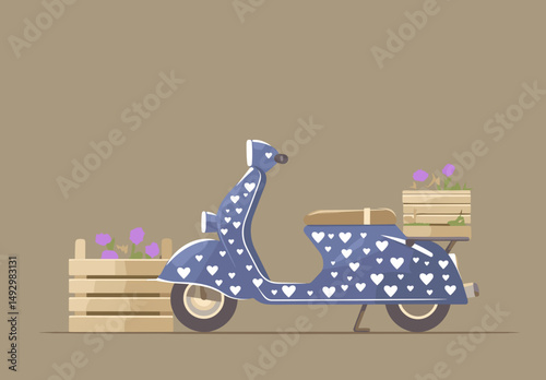 Blue Scooter with Flowers: A charming blue scooter adorned with a heart pattern stands next to two wooden crates filled with purple flowers. The scooter is a vintage style.