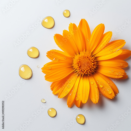 calendula flower paired with a liquid substance, likely calendula extract or oil.  Branding for skincare or beauty products.