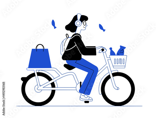 Urban Courier on Bicycle: A determined courier navigates the city streets on a bicycle, headphones and backpack and basket, showcasing urban mobility, and the efficient delivery of goods.