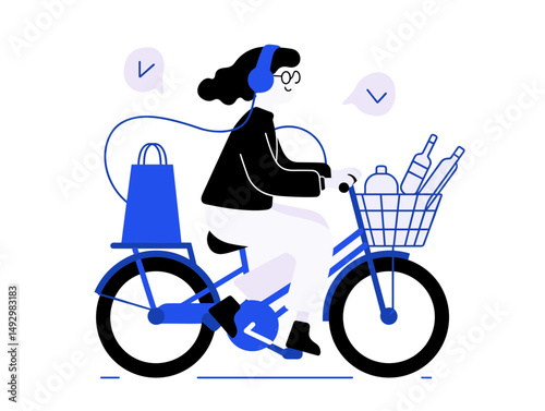 Woman on Bicycle with Groceries: A stylish woman rides a bicycle, headphones on, carrying groceries in a front basket and a shopping bag attached to the back.  She embodies efficient.