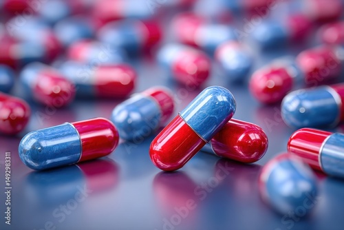 Close up of red and blue capsules on surface for health and medical concept studio shot