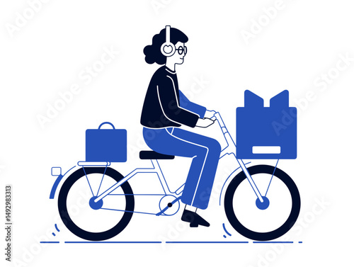 City Cyclist: A person with headphones on the bicycle deliver a package and listen to music with the package on a sunny day.