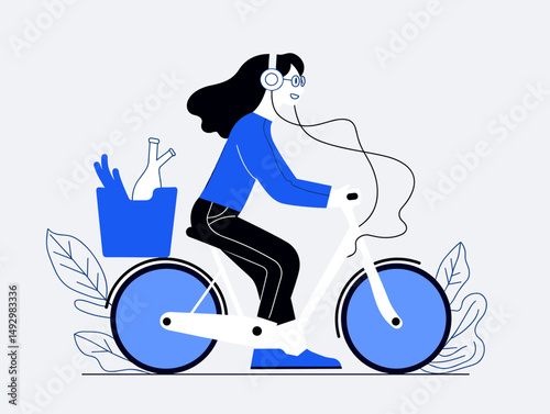 Cycle of Serenity: A figure pedals a bicycle, headphones perched upon their ears, engrossed in music. A basket on the back contains flowers, completing a picturesque scene of leisure and ease.