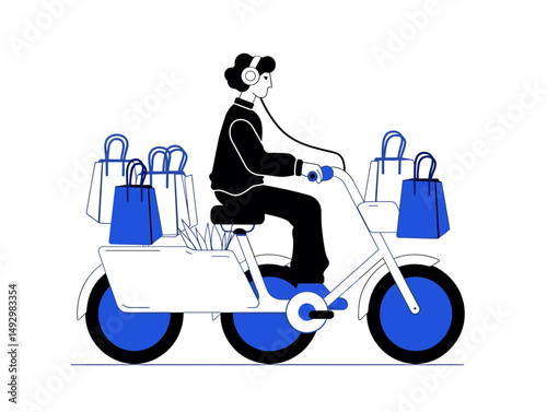 Delivery on Wheels: A stylish illustration of a delivery person on a bicycle, carrying numerous shopping bags, showcasing the efficiency and convenience of modern delivery services.