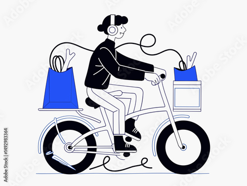 Digital Delivery on Two Wheels: An artistic illustration captures the essence of modern convenience, featuring a person effortlessly delivering items by bicycle while immersed in music.