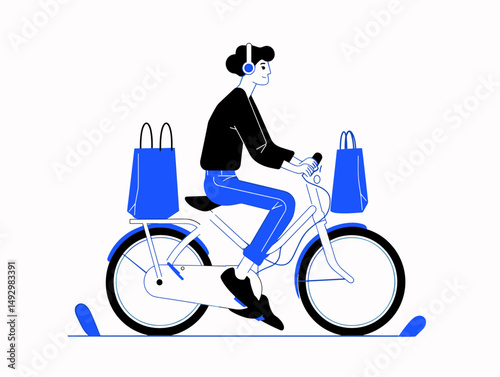 Joyful Cyclist with Purchases: A cheerful individual cycles serenely, sporting headphones, transporting shopping bags. A blend of leisure and practicality.