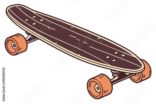 68 skateboard, wooden, retro style, old, vintage, dark brown, orange wheels, minimalist, sleek design, isolated on white background